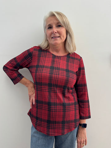Laurie 3/4 Sleeve Knit Top (Red Plaid)