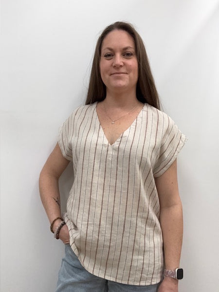 Lino Linen Blend Short Sleeve Top (Oat Stripe)