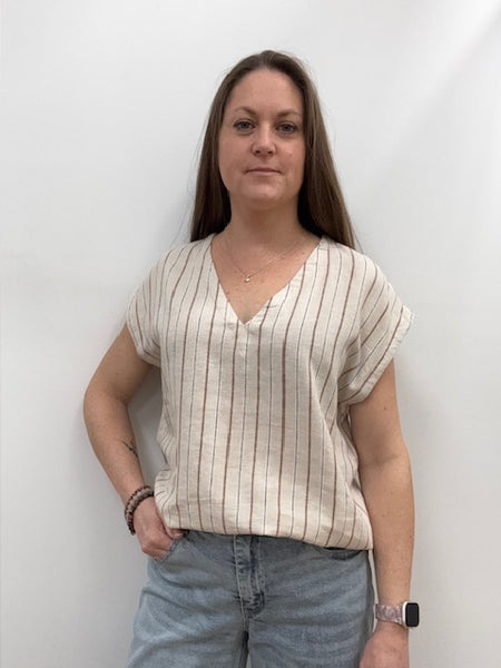 Lino Linen Blend Short Sleeve Top (Oat Stripe)