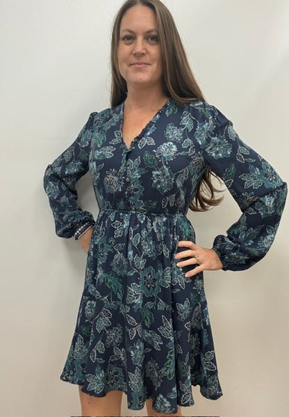 Josie Painterly Ruffle Dress (Navy)