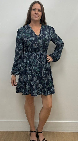 Josie Painterly Ruffle Dress (Navy)