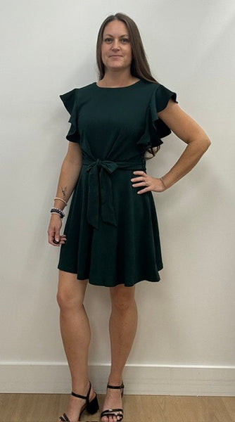Haily Ruffle Sleeve Fit and Flare Dress (Green)
