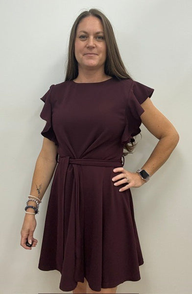 Haily Ruffle Sleeve Fit and Flare Dress (Burgundy)