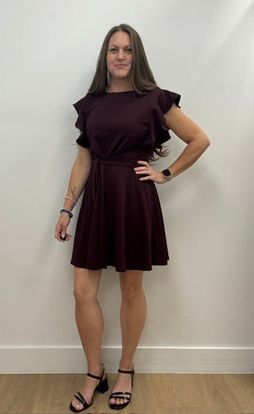 Haily Ruffle Sleeve Fit and Flare Dress (Burgundy)
