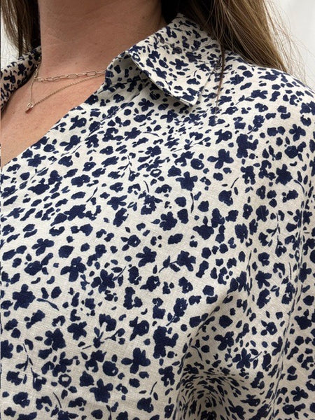 Falakka Linen Blend Cap Sleeve Top (Blue Floral)