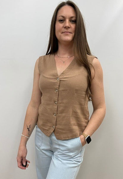 Falakka Linen Blend  Button Down Tank (Woodsmoke)
