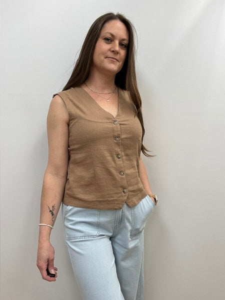 Falakka Linen Blend  Button Down Tank (Woodsmoke)