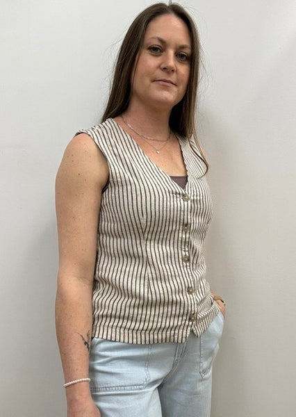 Falakka Linen Blend  Button Down Tank (Rain Day Stripe)