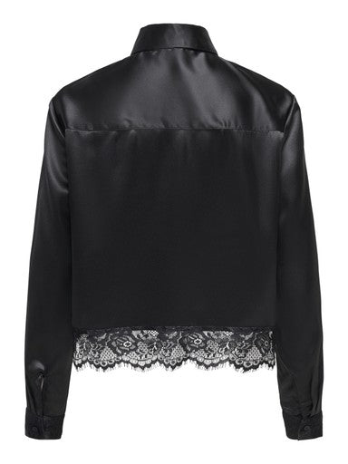 Indona Satin Lace Accent Blouse (Black)