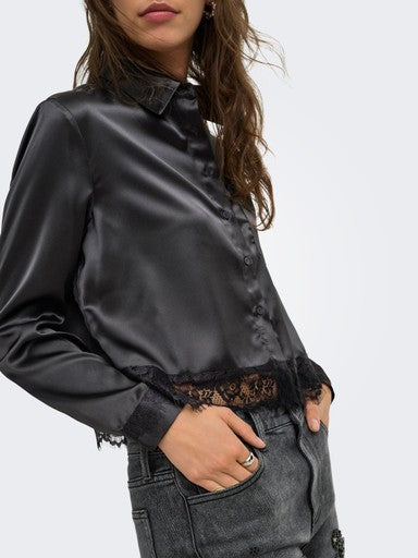 Indona Satin Lace Accent Blouse (Black)