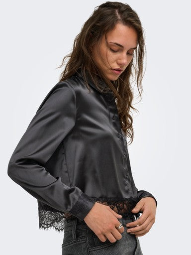 Indona Satin Lace Accent Blouse (Black)