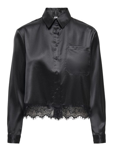 Indona Satin Lace Accent Blouse (Black)