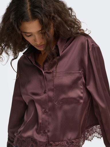 Indona Satin Lace Accent Blouse (Chocolate Torte)