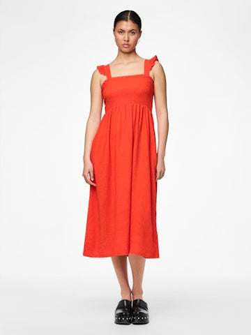 Luna Smocked Crepe Dress (Poinciana Red)