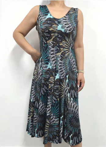 Catalina Pleated Dress (Teal Pattern)
