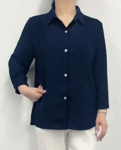 Lidia Button Down Flowy Blouse (Navy)
