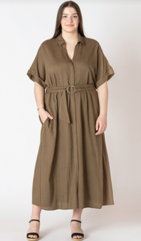 PLUS Martine Belted Shirt Dress (Olive)