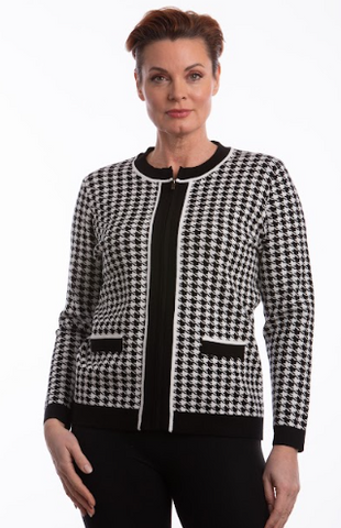 Genevieve Zippered Knit Cardigan (Houndstooth)