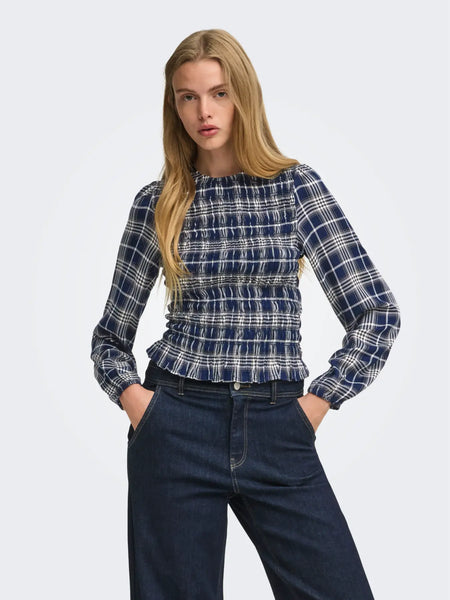 Carly Plaid Smocked Top (Navy)