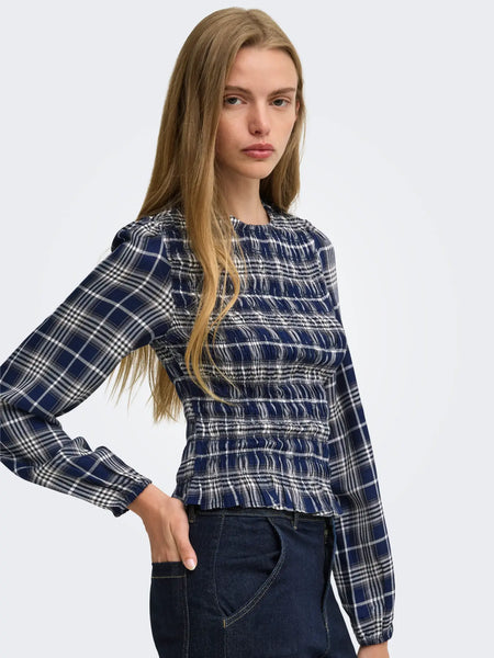 Carly Plaid Smocked Top (Navy)
