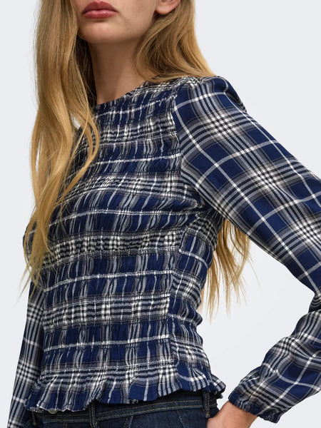 Carly Plaid Smocked Top (Navy)