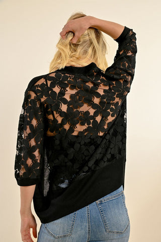 Lucy Semi Sheer Floral Lace Cardigan (Black)