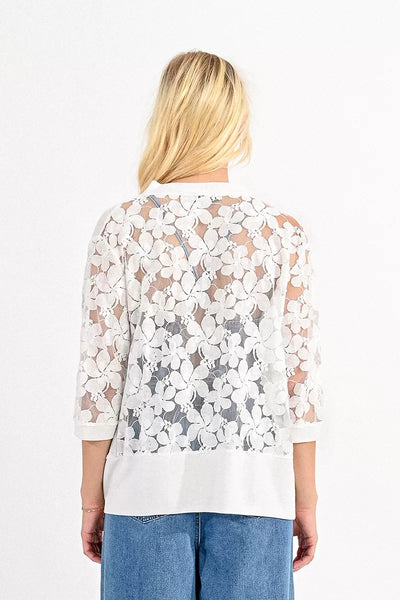Lucy Semi Sheer Floral Lace Cardigan (Off White)