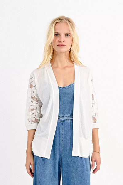 Lucy Semi Sheer Floral Lace Cardigan (Off White)