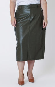 PLUS Sydney Faux Leather Long Cargo Skirt (Dark Khaki Green)