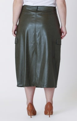 PLUS Sydney Faux Leather Long Cargo Skirt (Dark Khaki Green)