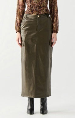 Sydney Faux Leather Long Cargo Skirt (Dark Khaki Green)