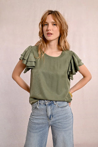 Nova Rufle Sleeve Top (Khaki)