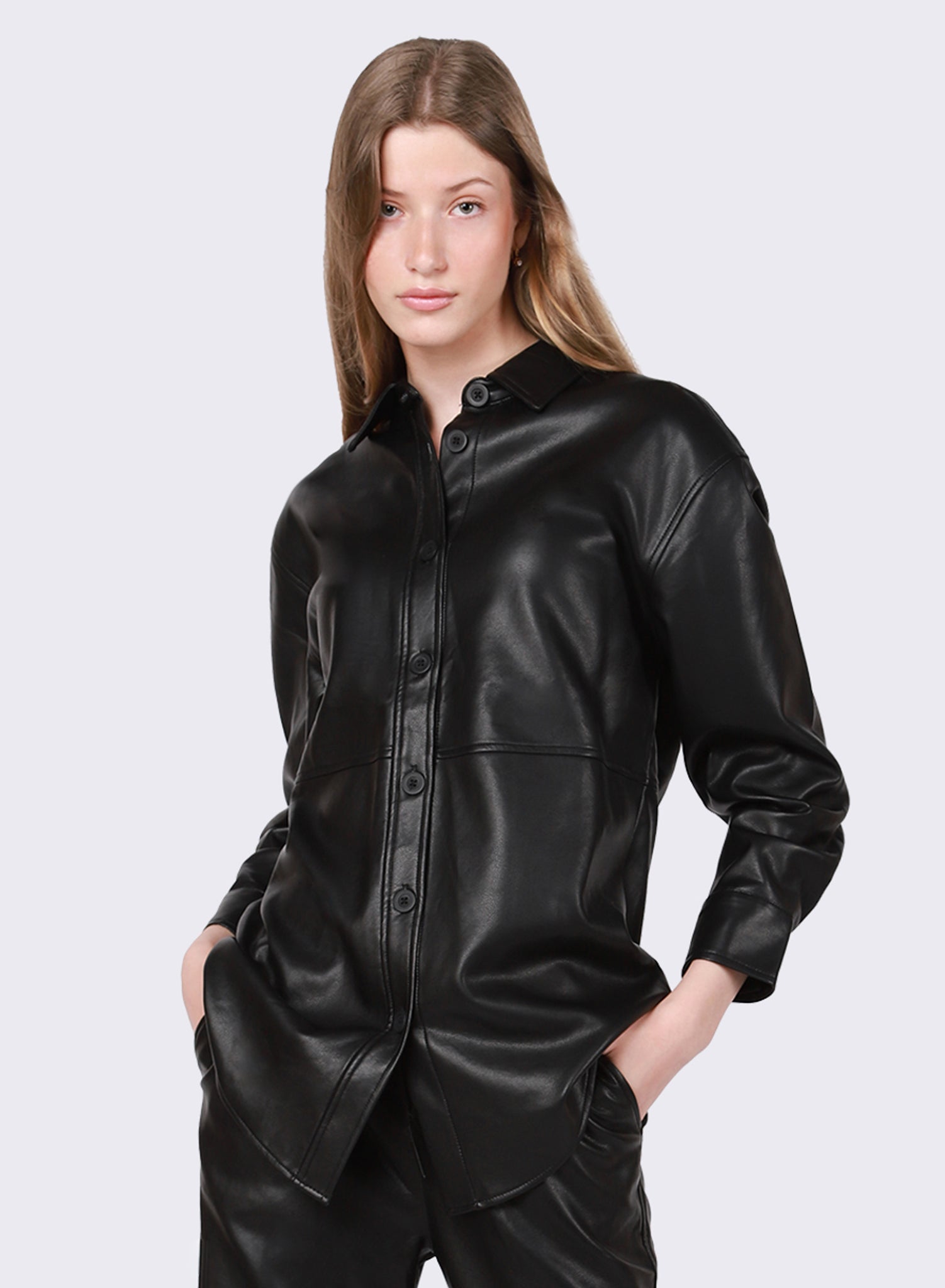 Lexi Faux Leather Button Down Overshirt (Black)