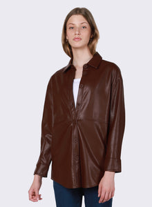 Lexi Faux Leather Button Down Overshirt (Rusty Brown)