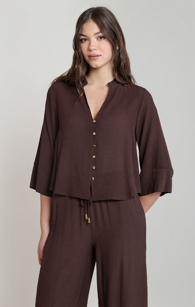 Cassidy Button Down 3/4 Sleeve Top (Dark Chocolate)