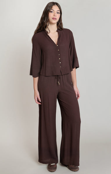 Cassidy Button Down 3/4 Sleeve Top (Dark Chocolate)