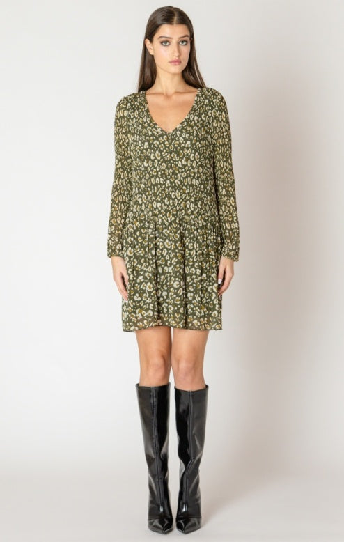 Kennie Pleated A Line Dress (Green Animal Print)