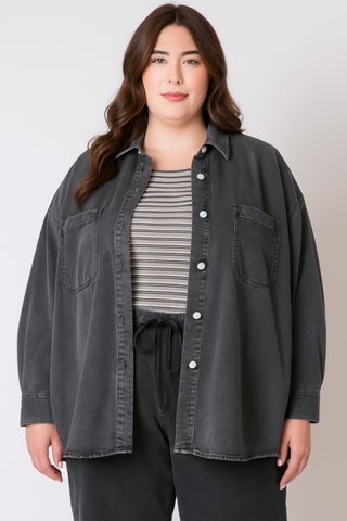 PLUS Ayla Knit Denim Look Shacket (Washed Black)