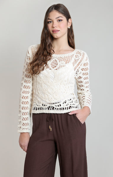 Becki Button Back Crochet Sweater (Whitecap Grey)