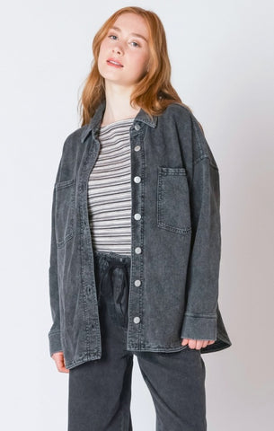 Ayla Knit Denim Look Shacket (Washed Black)