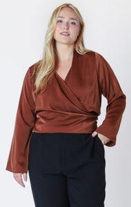 PLUS Ramona Faux Wrap Satin Blouse (Cognac)