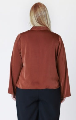 PLUS Ramona Faux Wrap Satin Blouse (Cognac)