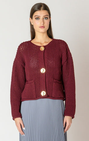 Eve Chunky Knit Button Down Sweater (Dark Ruby)