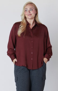 PLUS Delphine Woven Button Down Blouse (Deep Burgundy)