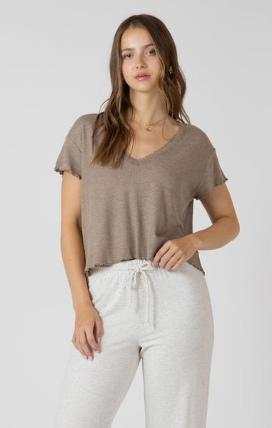 Penelope Lace Trim Scallopped Top (Mocha Heather)