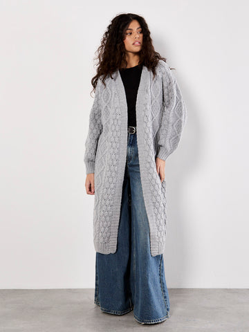 Lina Chunky Cable Knit Open Cardigan (Grey)