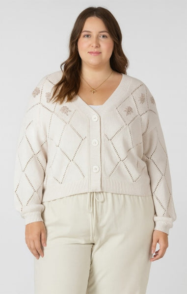 PLUS Giana Pointelle Embroidered Floral Cardigan