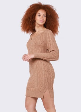 Wrenley Cable Knit Sweater Dress (Camel)