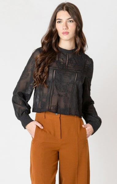 Shayla Embroidered Lace Insert Top (Black)