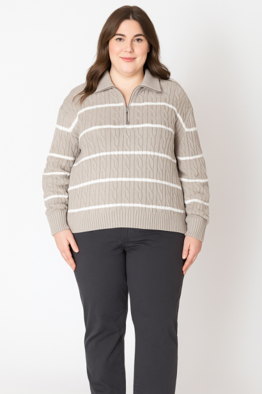 PLUS Cora Striped Cable Sweater (Taupe)